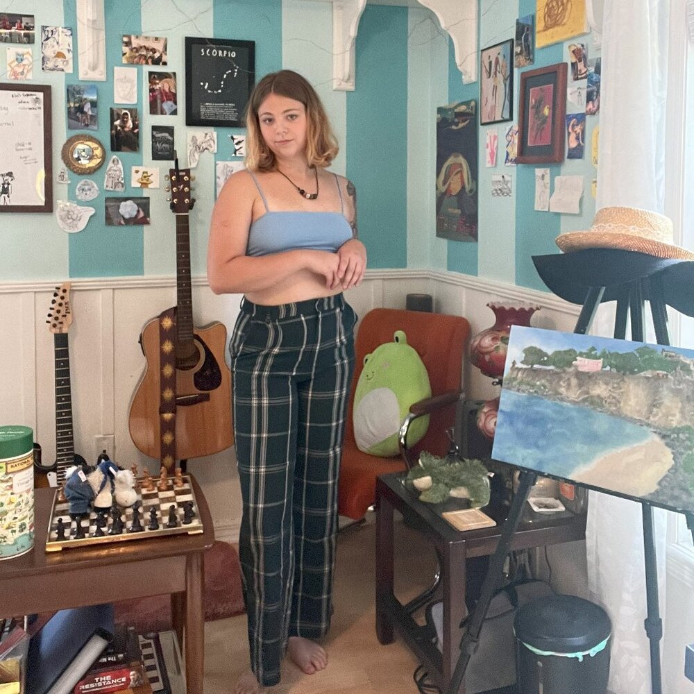 Green and white striped slacks